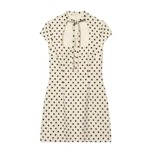 Elegantes französisches Vintage-Punkte-Kurzkleid mit Stehkragen und Schleife für Damen