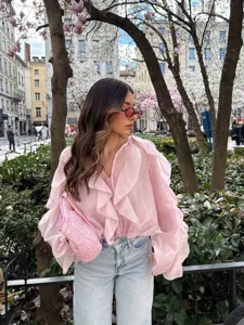 Pink ruffle long sleeve blouse for women, elegant V-neck spring streetwear fashion top.
