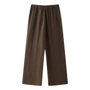 Classic dark brown women's linen wide leg trousers with comfortable elastic drawstring waist.