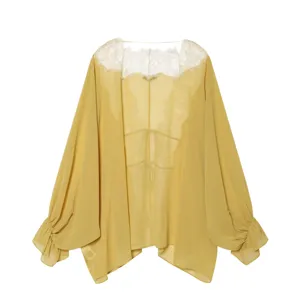 Women summer sheer chiffon cardigan lace trim V-neck long sleeve sun protection shirt top