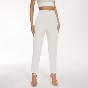 Detail close up shot of women's high-waisted casual suit trousers in white, clean studio look.