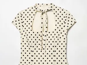 Elegantes Polka-Dot-Kleid Detail mit schickem Schleifenhals, Ausschnitt und kurzen Ärmeln.