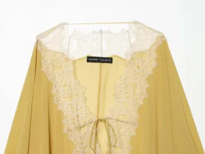 French style floral lace spliced chiffon cardigan with V-neck and drawstring long sleeves.