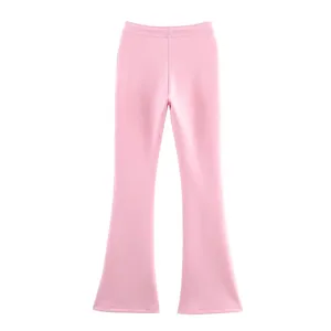 Détail de pantalon évasé rose, pantalon extensible décontracté élégant pour femmes.