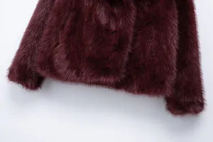 Wine red faux fur jacket detail, soft fluffy winter short coat, casual lapel outerwear