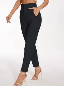 Women high waist casual suit trousers, elegant black slim fit formal pants for office wear.
