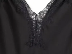 Elegant black satin camisole dress detail, V-neck with delicate lace trim for women.