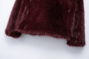 Burgundy faux fur jacket detail, soft fluffy winter outerwear coat for women stylish look.