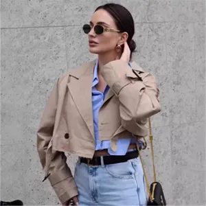Cropped khaki trench coat for women, casual solid color stylish outwear, spring fashion.