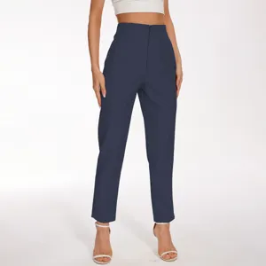 Women high waist casual suit trousers detail view, elegant navy blue office pants for daily wear.