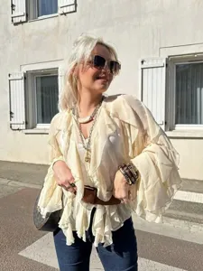 Chic european womens layered v-neck long sleeve ruffle blouse casual top apparel