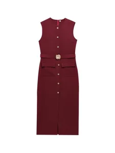 Burgundy sleeveless midi dress with gold buttons, elegant round neck and stylish belt.