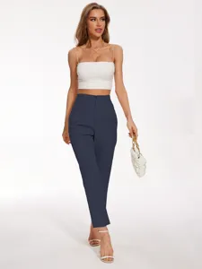 Women's high-waisted casual suit trousers elegant solid color long pants for daily wear