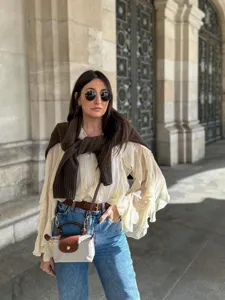 Women white long sleeve ruffle blouse V neck layered casual stylish spring chic shirt top