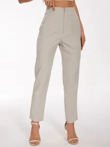 Women high waist casual suit pants detail, elegant slim fit office trousers for daily wear.
