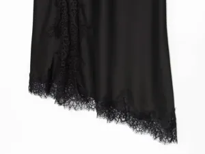 Black satin apparel black lace trim detail asymmetrical hem premium fabric closeup