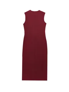 Burgundy sleeveless midi dress for women, elegant back view design for spring daily wear.