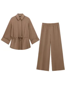 Women's Casual Taupe Long Sleeve Shirt And Wide Leg Pants Set Elegant Draped Outfit