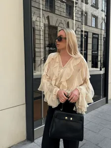 Women v neck ruffle long sleeve blouse casual elegant solid color top for spring summer