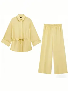 Women spring casual long sleeve lapel shirt and wide leg trousers two piece set yellow