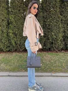 Cropped trench coat detail, casual solid color design, raw edge hem, lapel collar style.