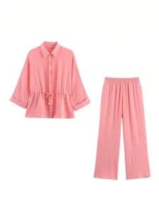 Women pink long sleeve lapel shirt and wide leg trousers two piece lounge set casual wear