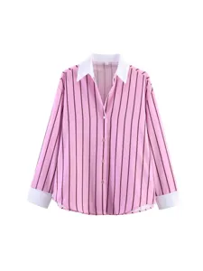 Women Pink Striped Lapel Long Sleeve Casual Button Down Shirt White Contrast Cuffs