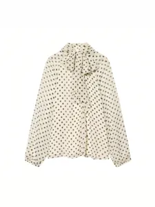 French vintage polka dot long sleeve blouse for women with elegant pussy bow tie neck top.