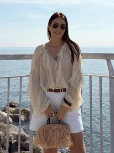 Chic V-neck layered long sleeve blouse for women, stylish summer fashion top, casual wear.