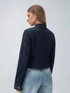 Korte donkerblauwe spijkerjas voor dames, stijlvolle opstaande kraag, slanke casual pasvorm.