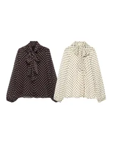 French style polka dot long sleeve blouse with bow tie, chic loose casual women shirt top.