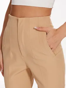 High waist casual suit pants detail, elegant khaki trousers for women featuring tailored seams.