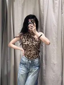Cross-border INS style women's slim asymmetric pleated mesh bodysuit with classic leopard print.