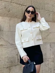 Women crew neck tweed cropped jacket fashion casual elegant chic designer style short outerwear