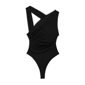 Black asymmetric ruched mesh bodysuit for women, trendy slim fit stylish spring top.