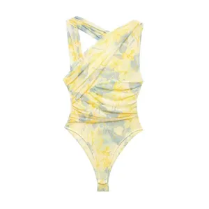 Women asymmetric ruched mesh bodysuit yellow floral spring slim top sexy elegant streetwear