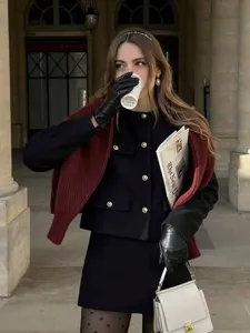 Chic black tweed cardigan jacket set elegant women autumn winter short coat apparel