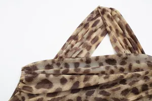 Detail shot of women's leopard print mesh asymmetric pleated top, stylish fabric close-up.