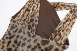 Leopard print mesh asymmetric ruched halter top for women, stylish slim fit sexy clubwear.