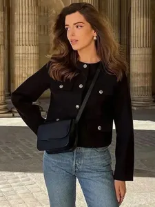 High-end women's black tweed short jacket with crewneck, chic classic style for autumn and winter.