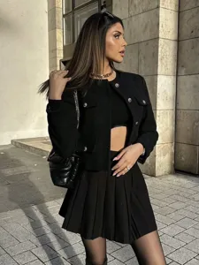 Black tweed short jacket detail, stylish round neck outerwear for women autumn fashion.