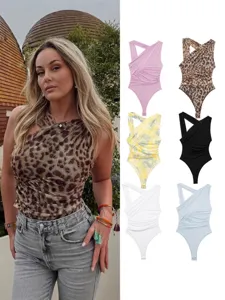 Women Sexy Asymmetric Pleated Mesh Bodysuit Solid Color Leopard Print Sleeveless High Waist Slim Fit Party Clubwear