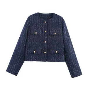 Women's Navy Blue Tweed Jacket Short Round Neck Gold Buttons Elegant Chic Outerwear