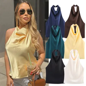 Top sans manches licou en satin de soie, style européen d'été élégant, multicolore disponible.