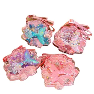Kids mermaid pearl necklace jewelry set with clear shell crossbody bag cute toys for girls.