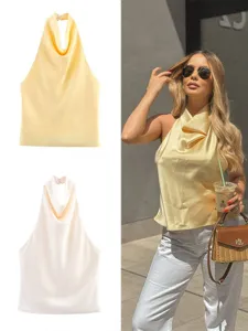 Top dos-nu élégant en satin pour femme, chemisier d'été sans manches texture soyeuse.