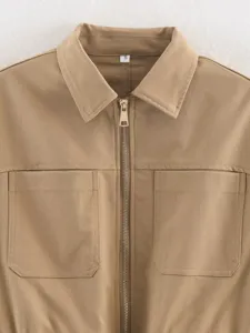 Khaki cotton jacket detail, classic lapel collar, metal front zipper, dual chest pockets, size S.