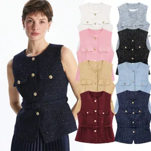 Women's Tweed Vest Metal Button Belted Casual Crew Neck Sleeveless Outerwear Top Chic