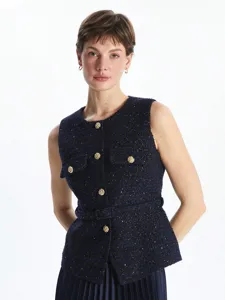 Women's chic navy blue tweed sleeveless vest with metallic gold buttons and stylish belt.