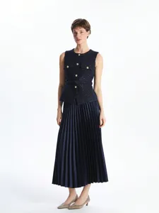 Women's chic tweed sleeveless top with metallic buttons and elegant pleated maxi skirt set.